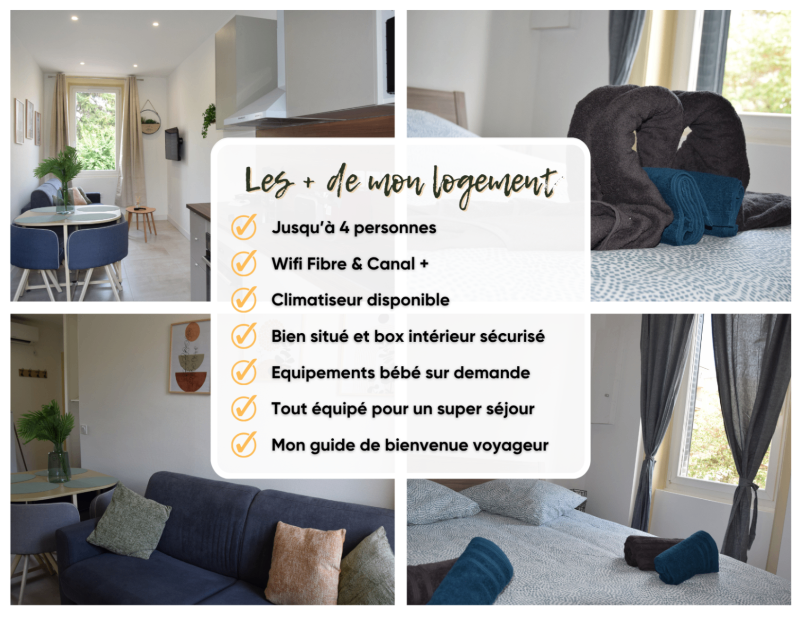 Montage photo d'un logement pour quatre personnes avec salon et chambre