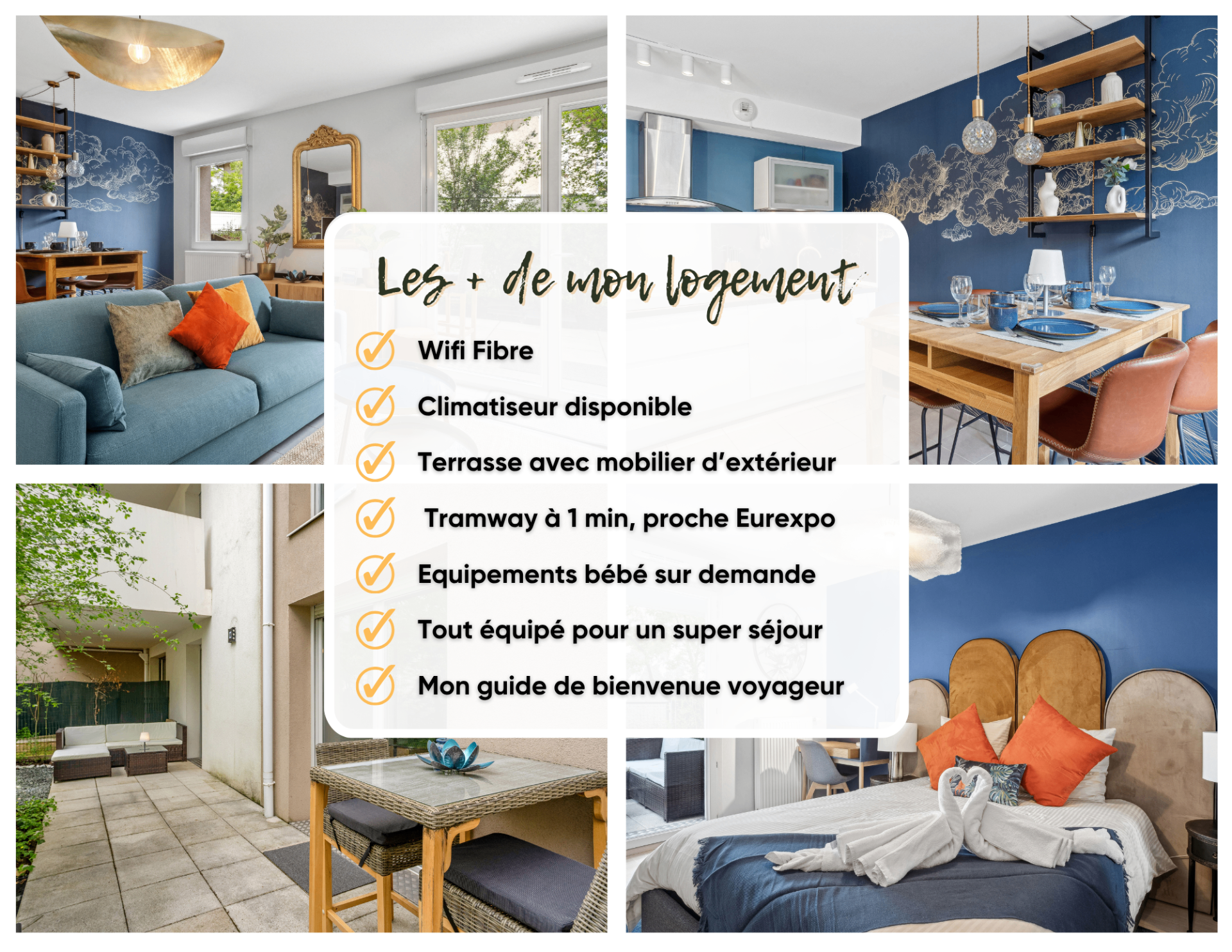 Montage photo d'un logement avec terrasse, séjour bleu et chambre proche tramway