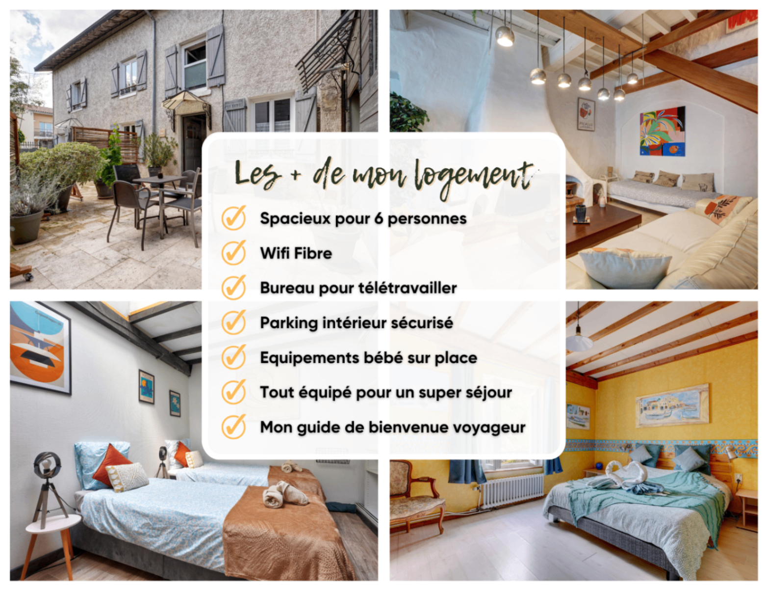 Montage photo d'une maison pour six personnes avec terrasse et chambres