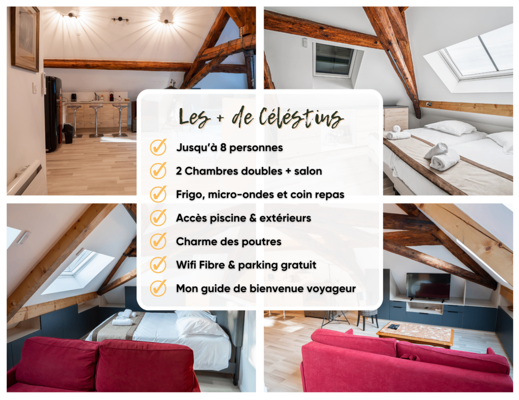 Montage photo d'un logement Célestins sous les toits avec poutres apparentes