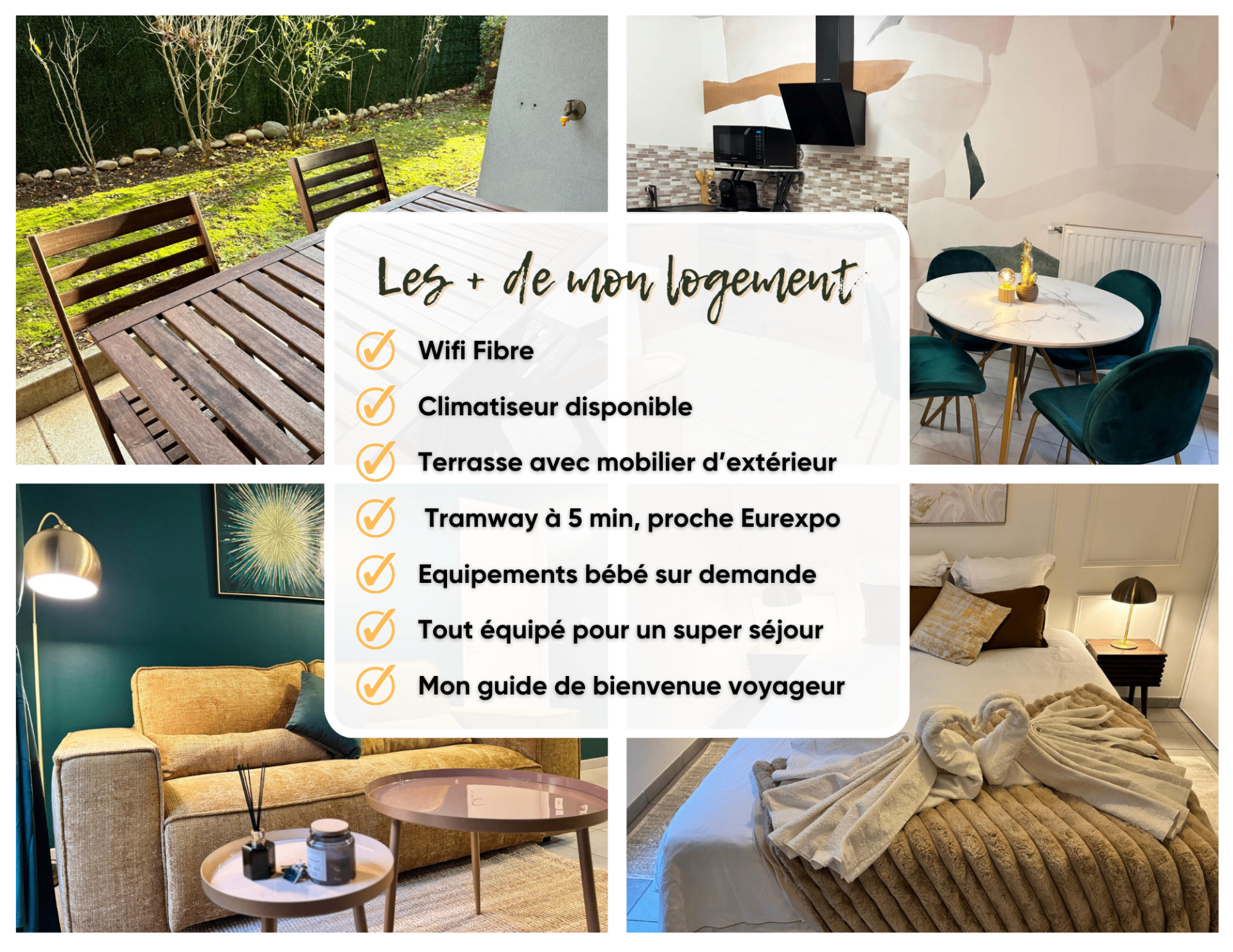 Montage photo d'un logement avec terrasse, salon et chambre à cinq minutes du tramway