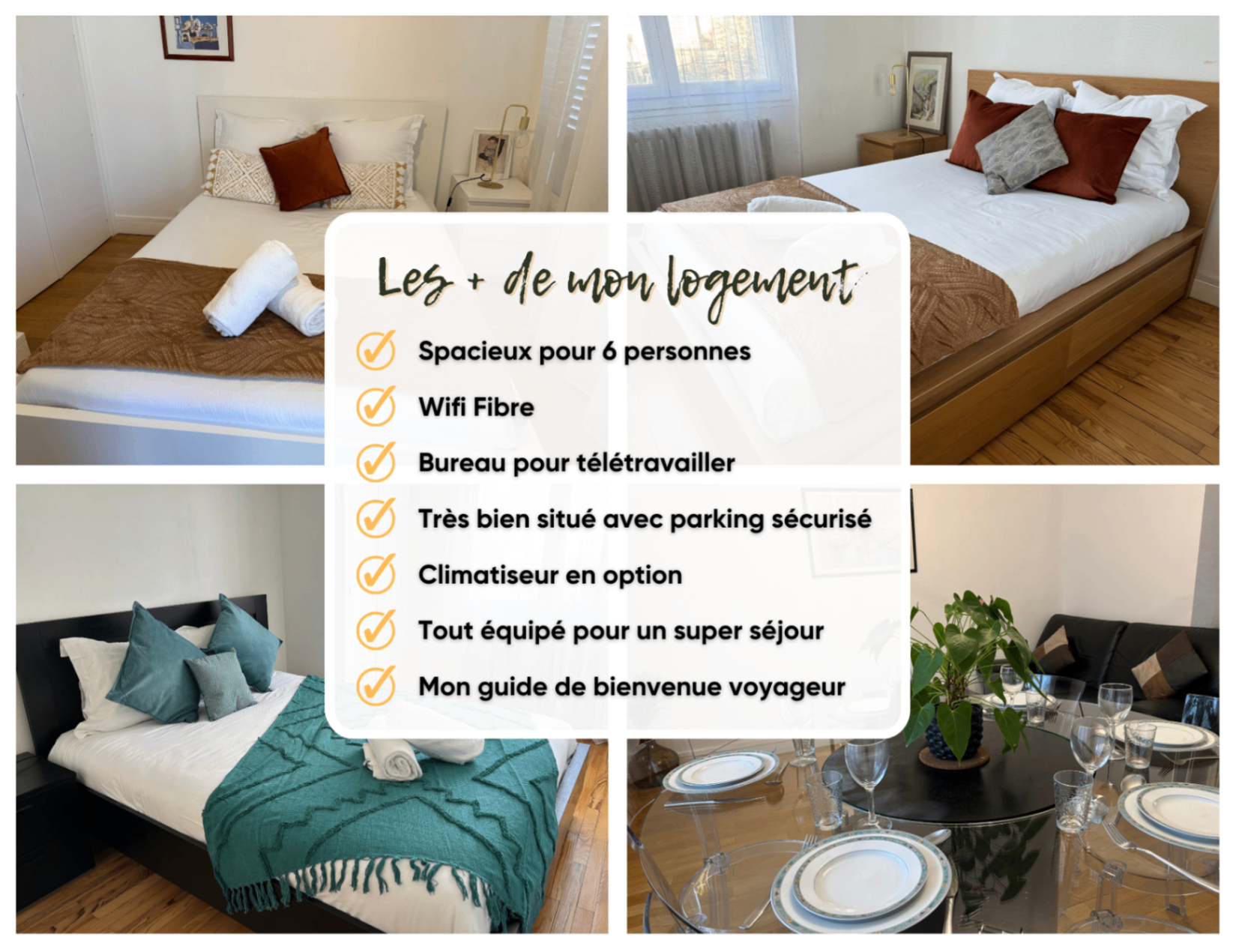 Montage photo d'un logement pour six personnes avec chambres et espace repas