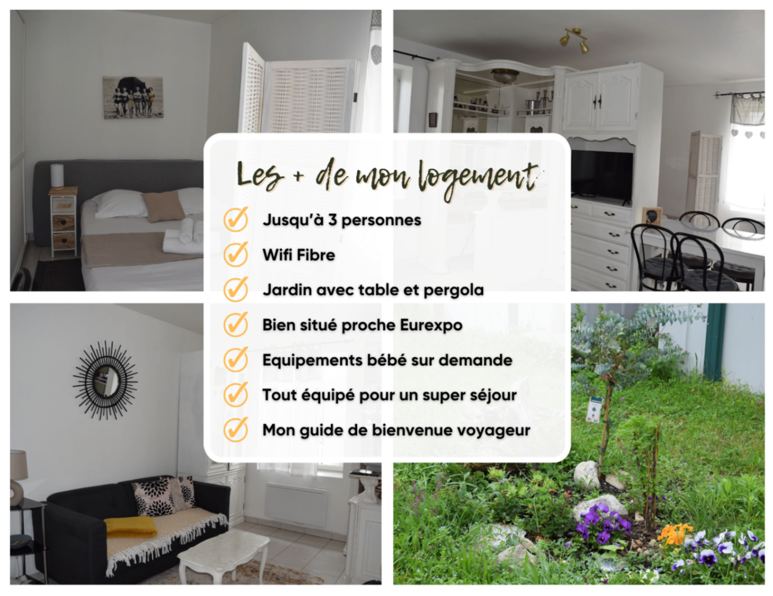 Montage photo d'un logement proche Eurexpo avec jardin et séjour
