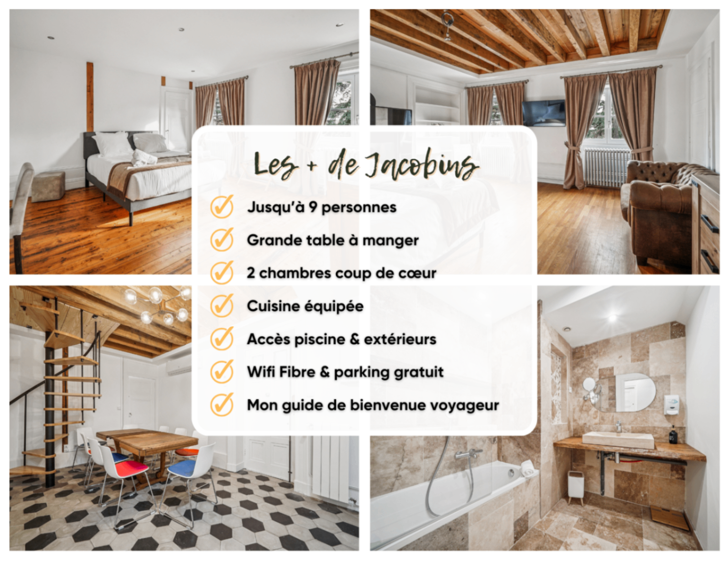 Montage photo d'un logement Jacobins avec pièces lumineuses, cuisine et salle de bain