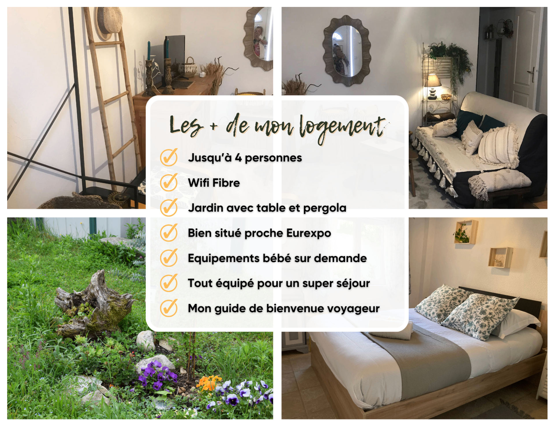 Montage photo d'un appartement avec jardin, chambre et salon proche Eurexpo