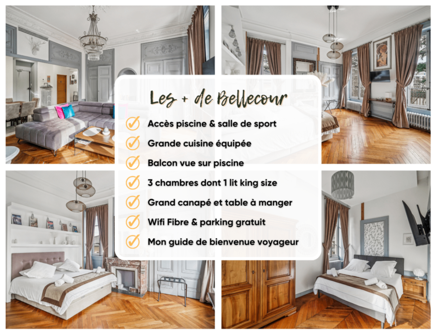 Montage photo d'un appartement Bellecour avec salon haussmannien et chambres