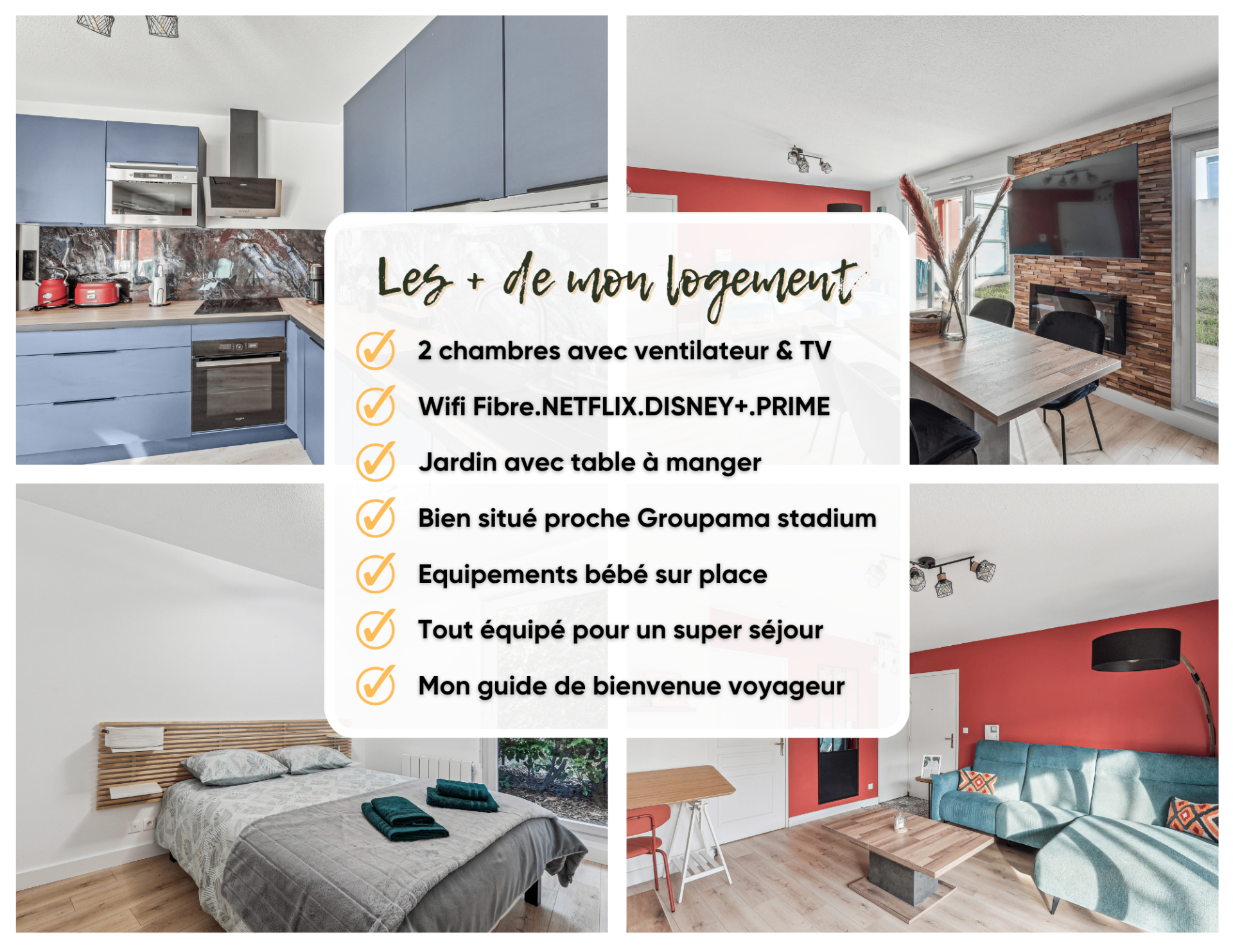 Montage photo d'un logement deux chambres proche Groupama Stadium avec salon et cuisine