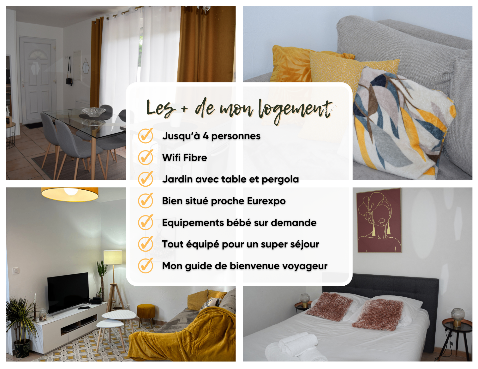 Montage photo d'un logement jusqu'à quatre personnes avec salon, chambre et coin détente