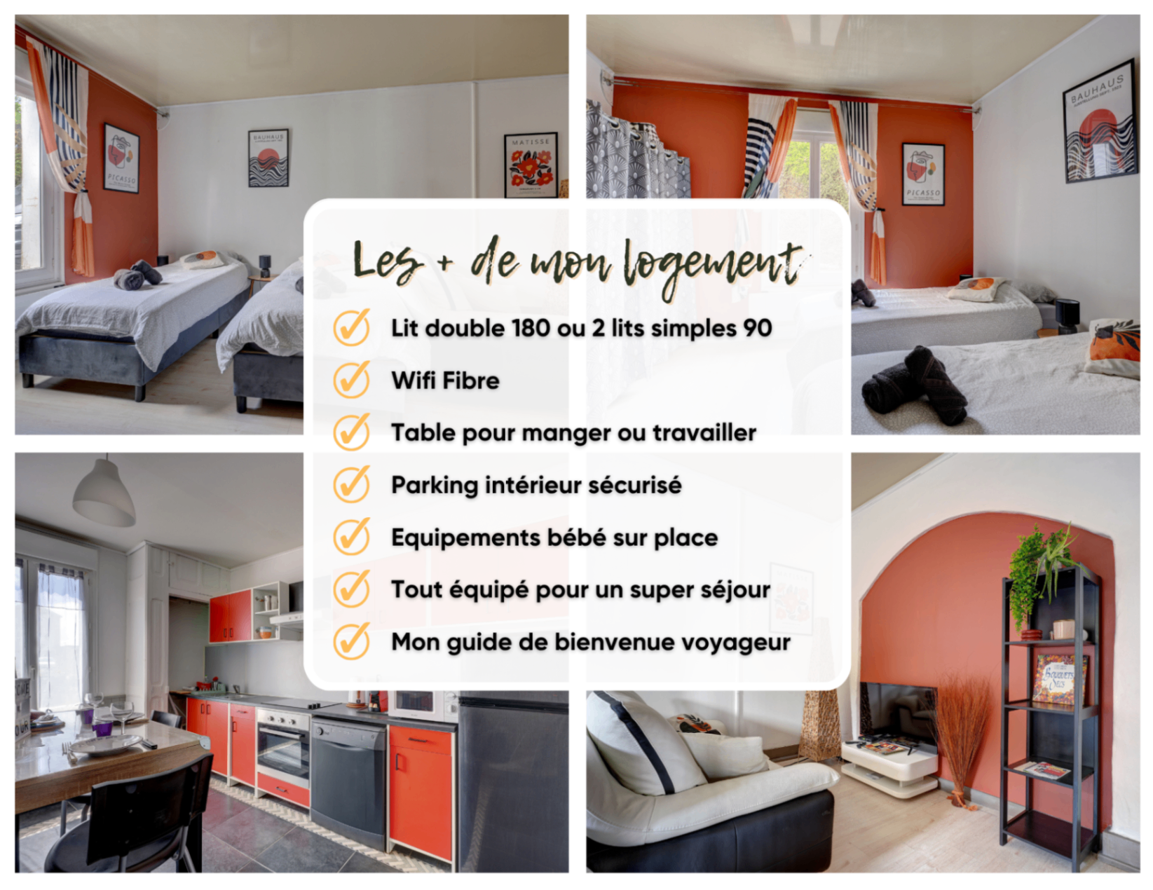 Montage photo d'un logement avec deux lits simples ou un lit double, cuisine et salon